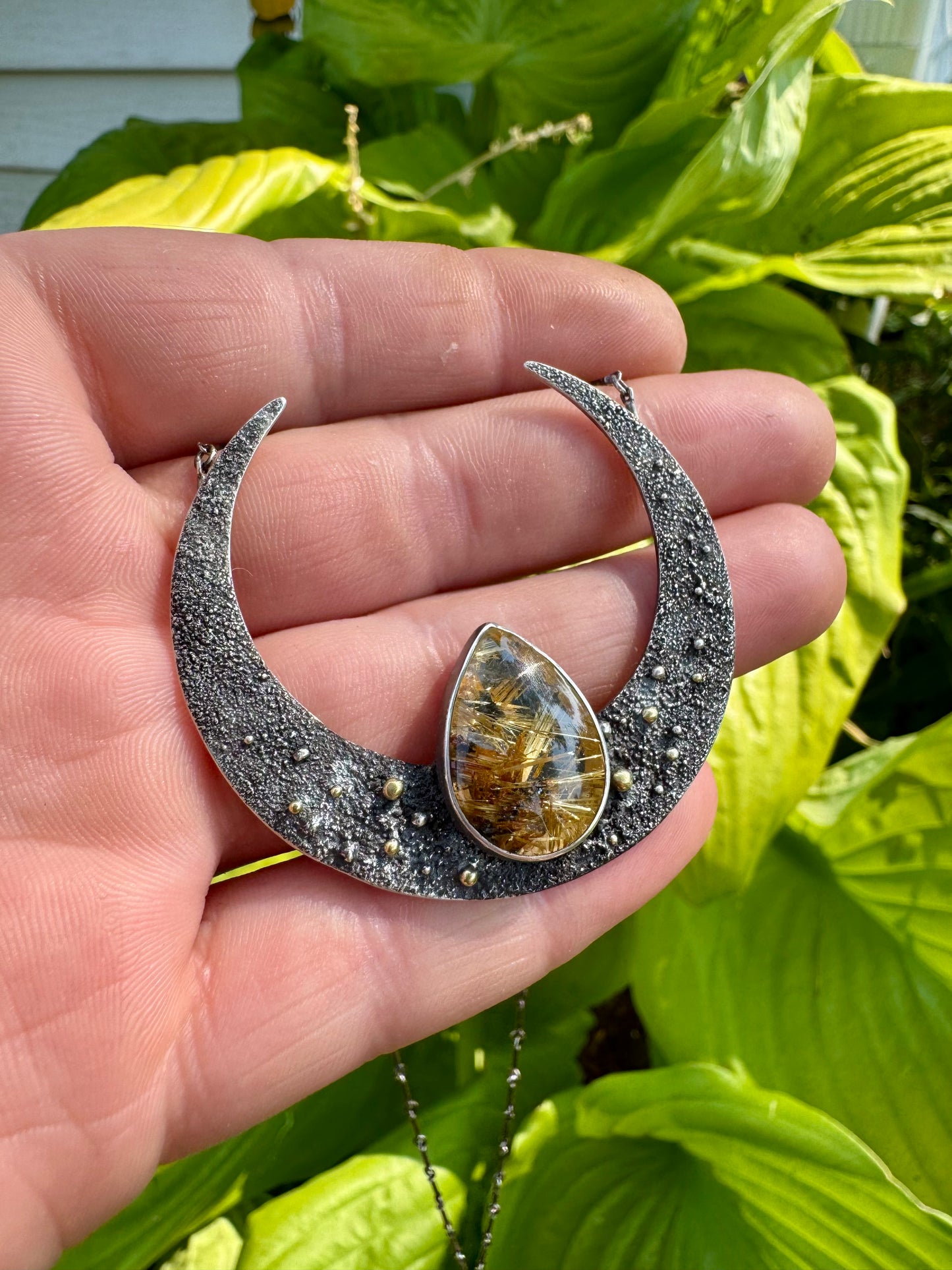 Celestial Crescent Pendant with Star Rutile Quartz