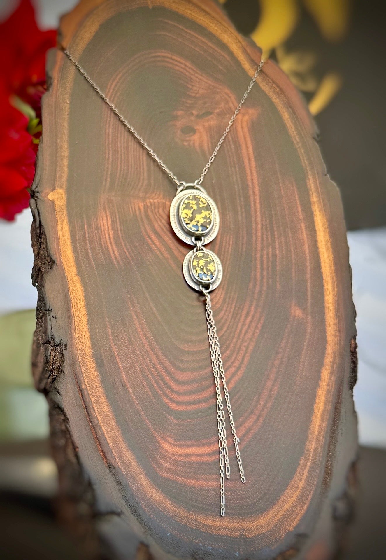 Goldenite Double Stone Pendant with Sterling Silver Drop Chain