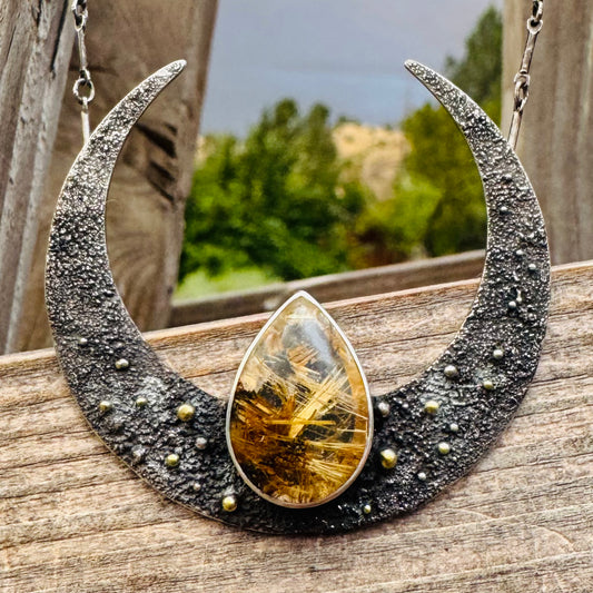 Celestial Crescent Pendant with Star Rutile Quartz